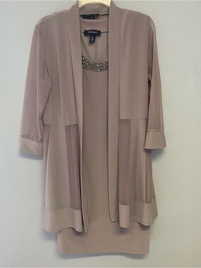 R&M Richards Sleeveless Taupe Dress with Decorative Neckline and Jacket